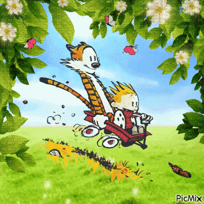 Calvin And Hobbes Riding Red Wagon GIF