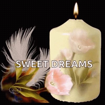 Candle With Flowers And Feathers Saying Sweet Dreams GIF