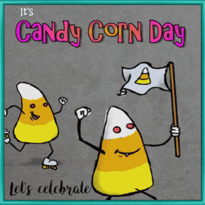 Candy Corn Day Greeting Card With Two Candy Corn Rollerblading And One Holding Flag GIF
