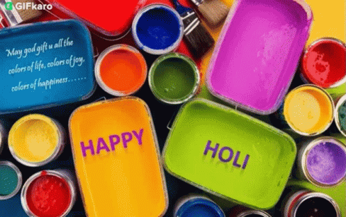 Cans Of Paint With Happy Holi Message GIF