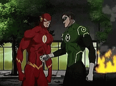 Caped Man Looking At Man In Red Circle With Arrow GIF