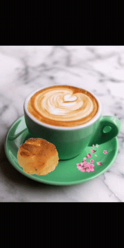 Cappuccino On Green Saucer Next To Cookie GIF