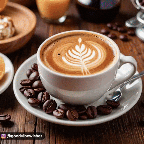 Cappuccino On Saucer With Coffee Beans On Wooden Table GIF
