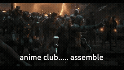 Captain America Is Holding A Hammer And The Words Anime Club Assemble Are Above Him GIF