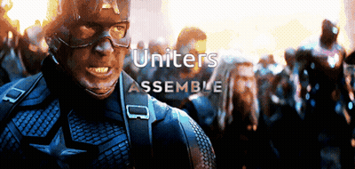 Captain America Stands In Front Of A Group Of People With The Words Uniters Assemble Above Him GIF