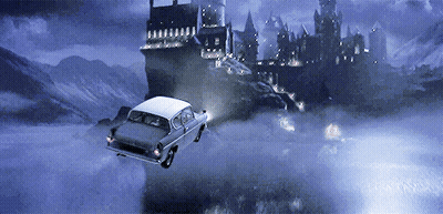 Car Flying Near Castle GIF