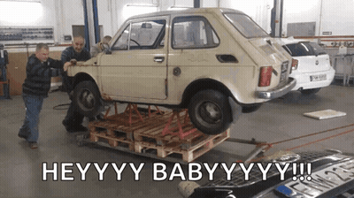 Car On Wooden Pallet Saying Heyyyy Babyyyy GIF