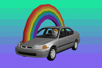 Car With Rainbow And Cat In Back GIF