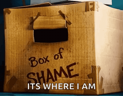 Cardboard Box With Hole Saying Box Of Shame GIF