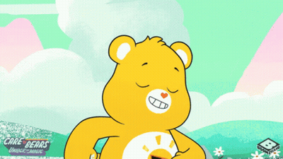 Care Bear Holding Sunglasses In Front Of Banner GIF