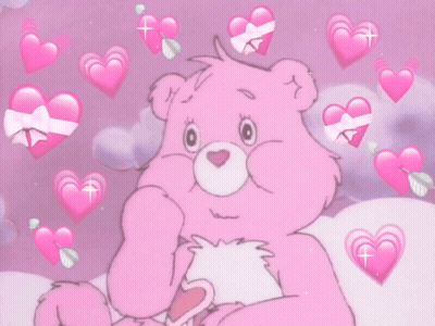 Care Bear Surrounded By Pink Hearts On Purple Background GIF