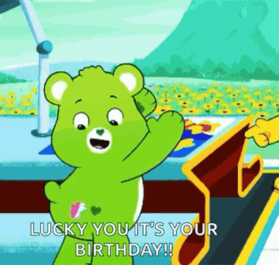 Care Bear Waving Saying Lucky You It's Your Birthday GIF