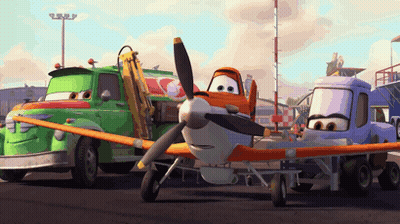 Cartoon Airplanes Parked Next To Green Truck GIF