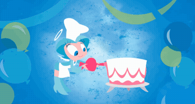 Cartoon Angel Decorating Cake With Balloons GIF