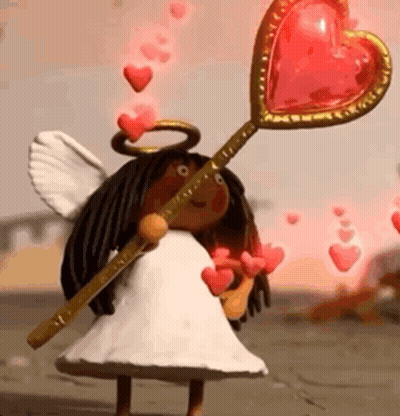 Cartoon Angel Holding Heart Stick With Flying Hearts GIF
