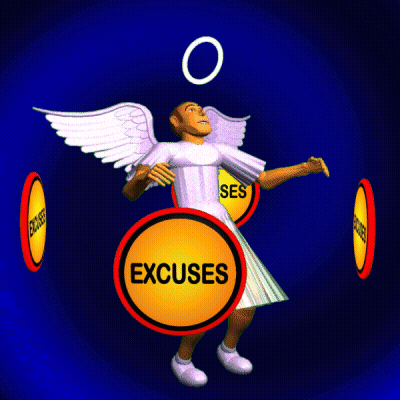 Cartoon Angel Surrounded By Excuses Circles GIF