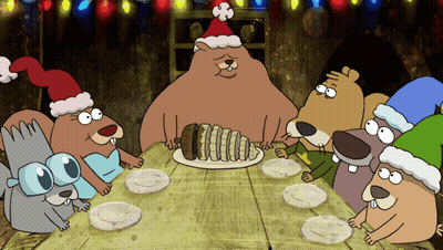 Cartoon Animals In Santa Hats Eating Around Table GIF