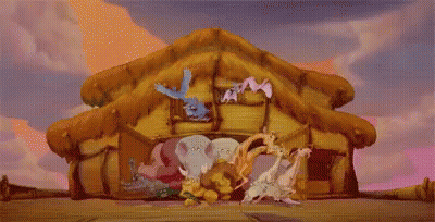 Cartoon Animals Standing In Front Of House GIF