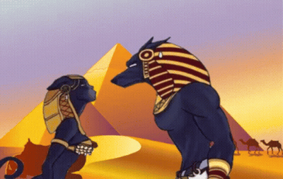 Cartoon Anubis And Sphinx At Pyramids GIF