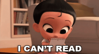 Cartoon Baby Holding Notebook Saying I Can't Read GIF