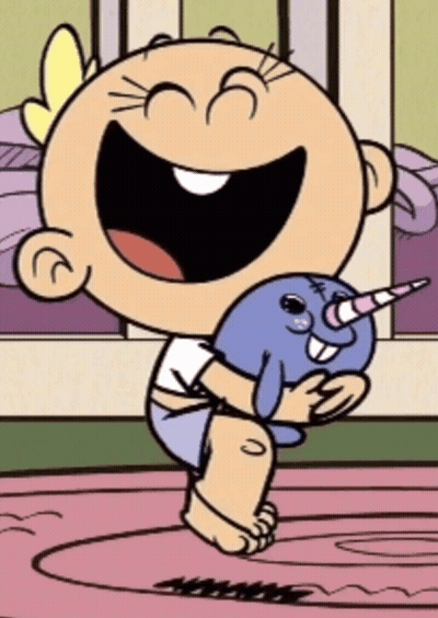 Cartoon Baby Holding Stuffed Animal With Horn GIF