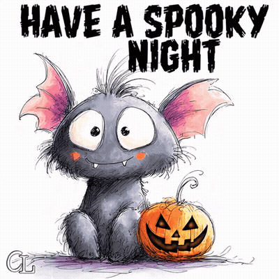 Cartoon Bat Sitting Next To Pumpkin Saying Have A Spooky Night GIF