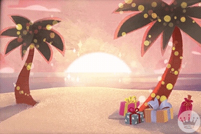 Cartoon Beach With Palm Trees And Gifts GIF