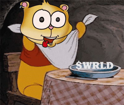 Cartoon Bear At Table With Towel Saying Swrld GIF