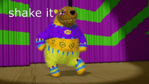 Cartoon Bear Dancing Shake It Purple Green Curtain GIF