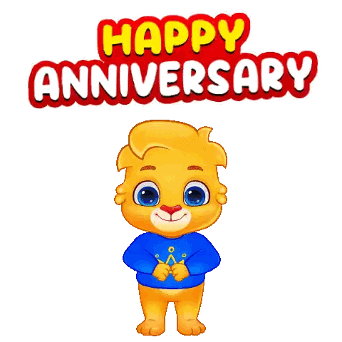 Cartoon Bear In Blue Shirt With Happy Anniversary Crown Sticker