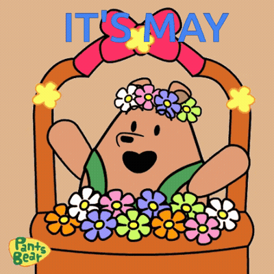 Cartoon Bear In Flower Basket It's May GIF