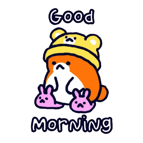 Cartoon Bear In Yellow Hat And Pink Bunny Slippers Says Good Morning Sticker