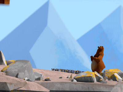 Cartoon Bear On Rocky Hillside With Penguins GIF