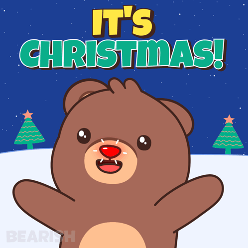 Cartoon Bear Says It's Christmas On Blue Background GIF