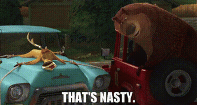Cartoon Bear Standing Next To Truck With Dead Deer GIF