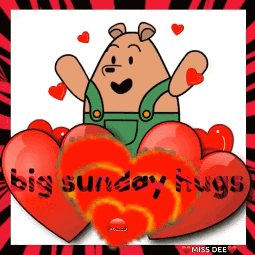 Cartoon Bear Surrounded By Hearts Big Sunday Hugs GIF