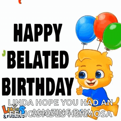Cartoon Bear with Three Balloons Says Happy Belated Birthday