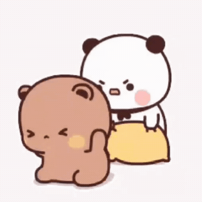 Cartoon Bears Standing Together One Holding Pillow GIF