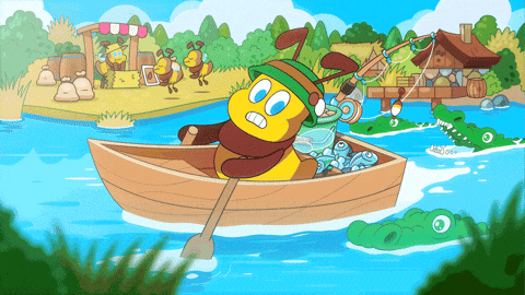 Cartoon Bee In Boat With Crocodile GIF