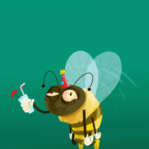 Cartoon Bee Wearing Party Hat Holding Drink GIF