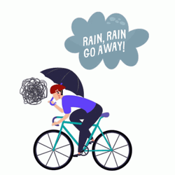Cartoon Bicycle Rider Using Umbrella Rainy Day