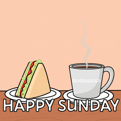 Cartoon Bird at Table With Coffee and Sandwich Happy Sunday