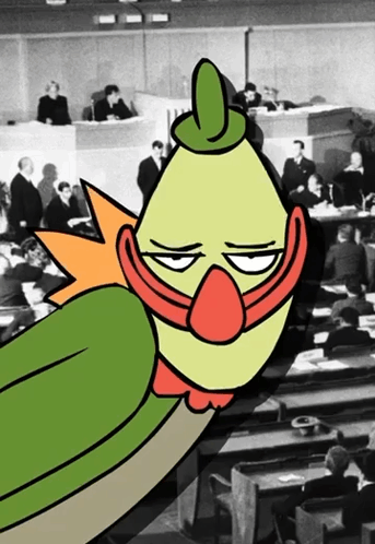 Cartoon Bird Giving Middle Finger In Front Of Group At Tables GIF