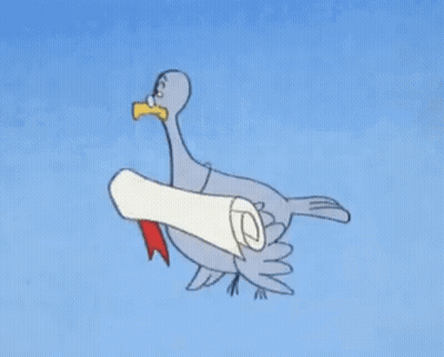 Cartoon Bird Holding Scroll With Letter E GIF