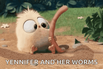 Cartoon Bird Holding Stick Says Yennifer And Worms GIF