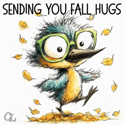 Cartoon Bird In Glasses Surrounded By Leaves Sending You Fall Hugs GIF