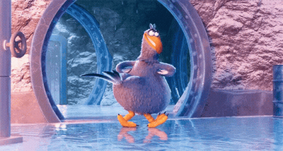 Cartoon Bird Standing In Water Near Round Window GIF