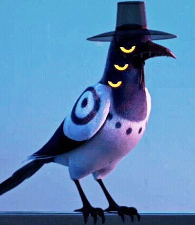 Cartoon Bird Wearing Hat With Three Smiley Faces GIF