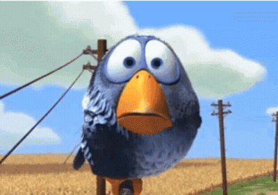 Cartoon Bird With Big Eyes And Orange Beak On Pole GIF