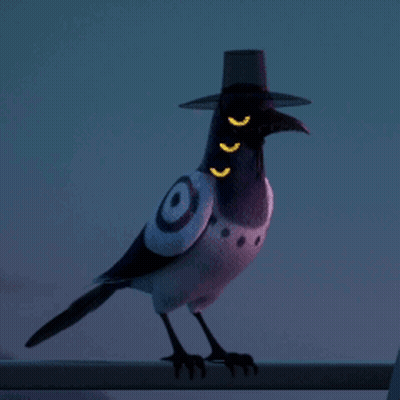 Cartoon Bird With Glowing Eyes On Railing GIF